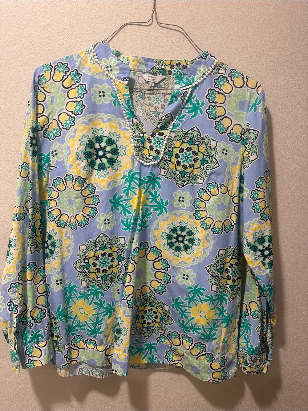 crown & ivy Light Blue Medallion Floral Tunic with Green and Yellow Accents